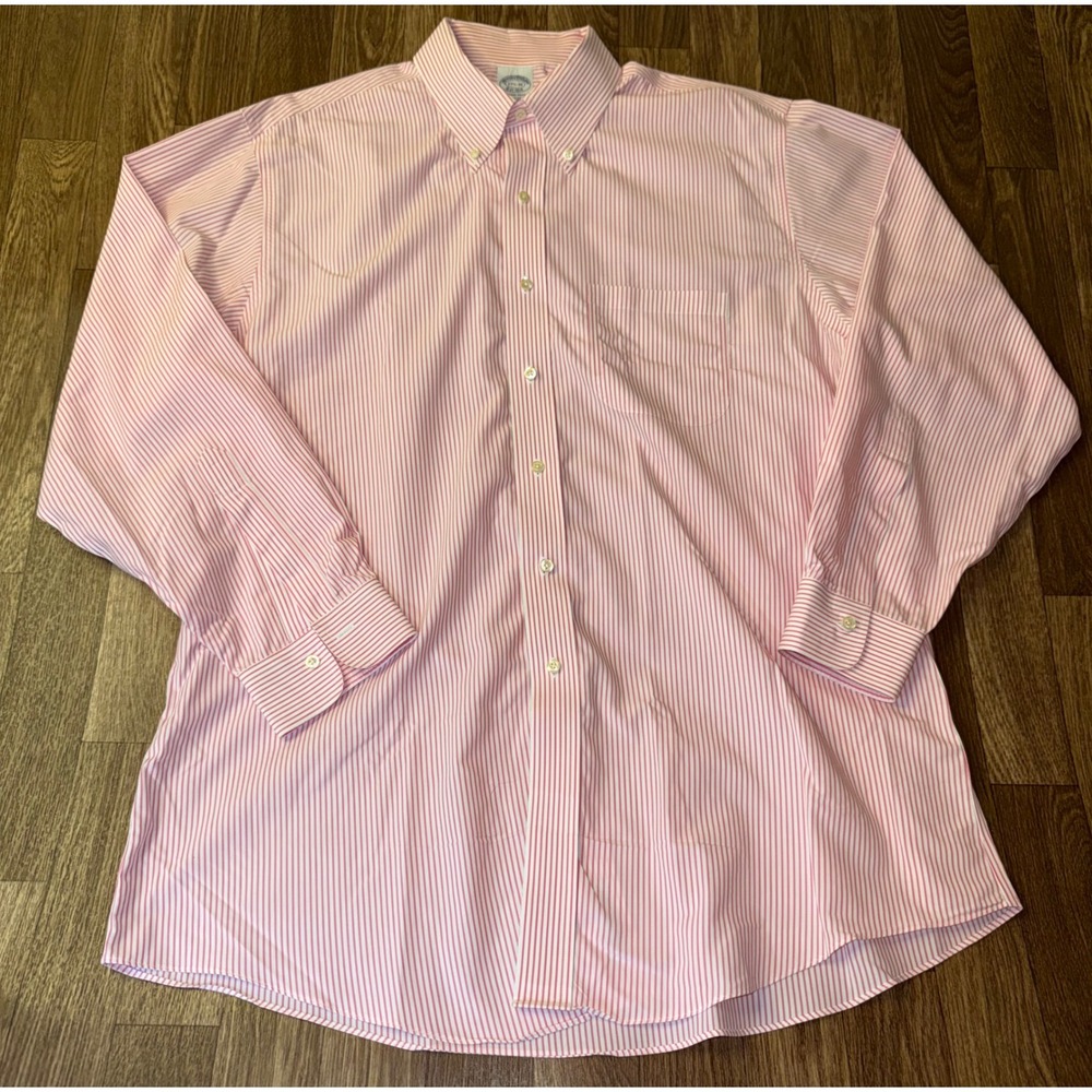 Brooks Brothers Mens 17.5 34 Pink White Striped Slim Fit Non-Iron Cotton Shirt